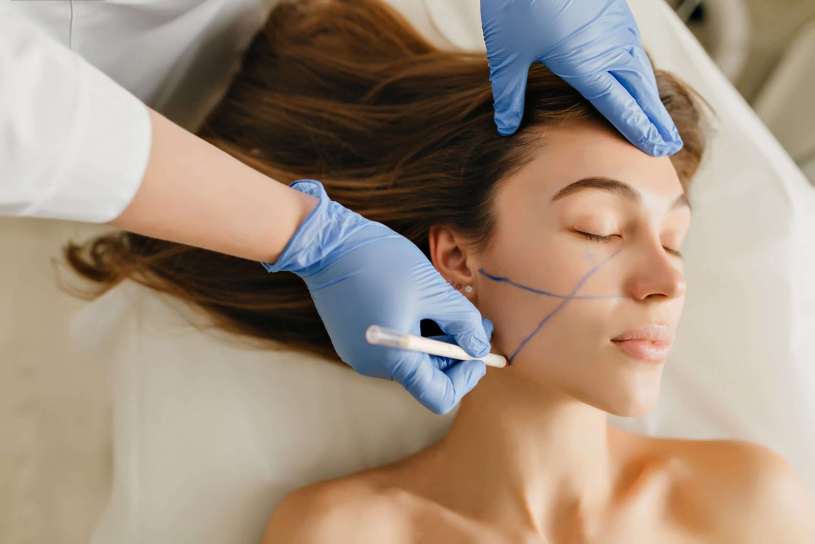 Closeup portrait beautiful woman during cosmetology procedures, rejuvenation in beauty salon. Dermatology procedure , painting eyebrows, hands in blue glows, at work, healthcare, botox.