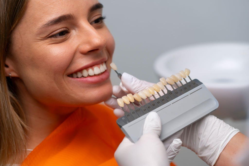 A woman getting the tooth shade matched for veneers