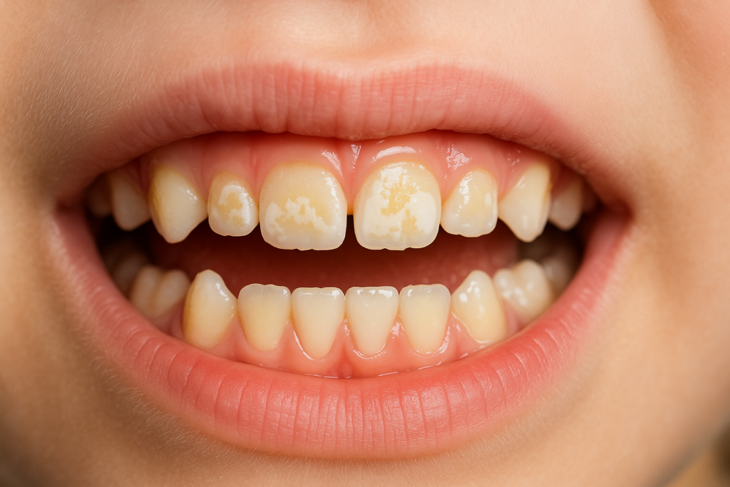 Enamel Hypomineralisation shown in a kid's teeth