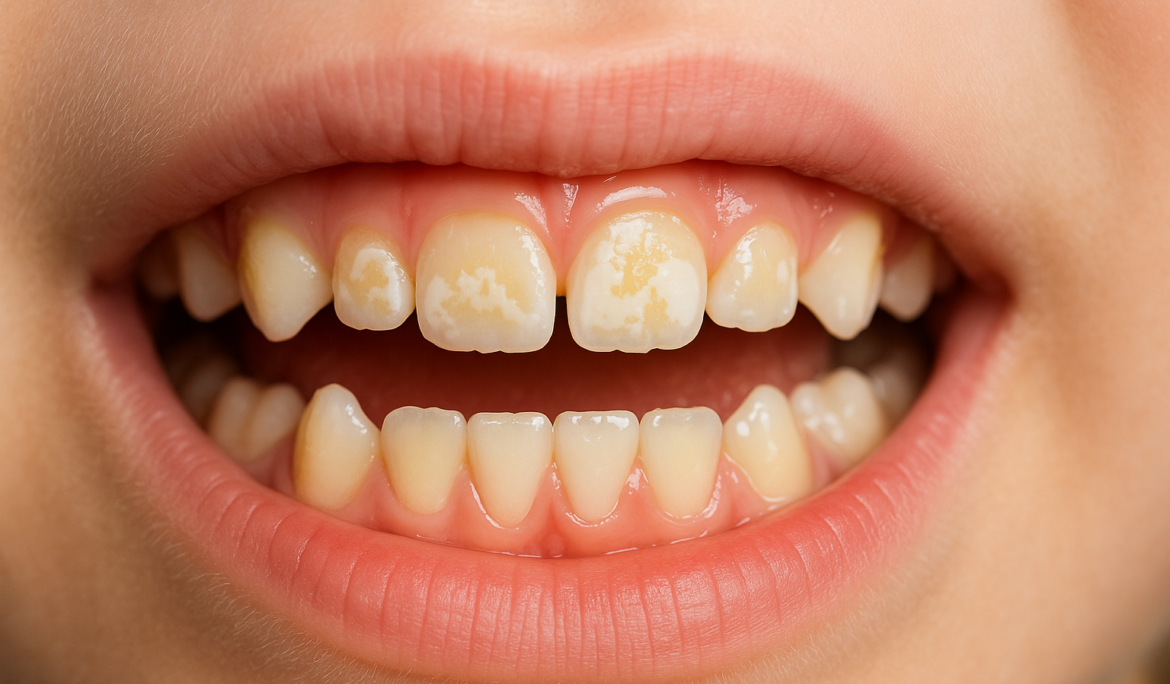 Enamel Hypomineralisation shown in a kid's teeth