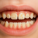 Enamel Hypomineralisation shown in a kid's teeth