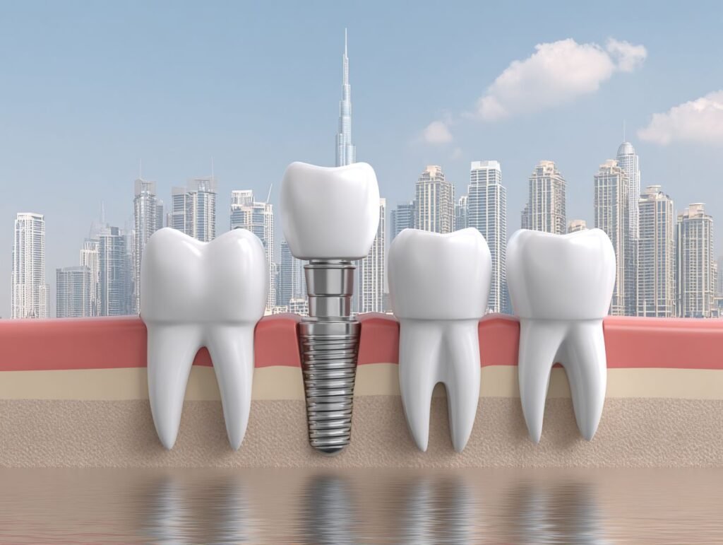 3D illustration of a dental implant replacing a missing tooth with Dubai skyline in the background