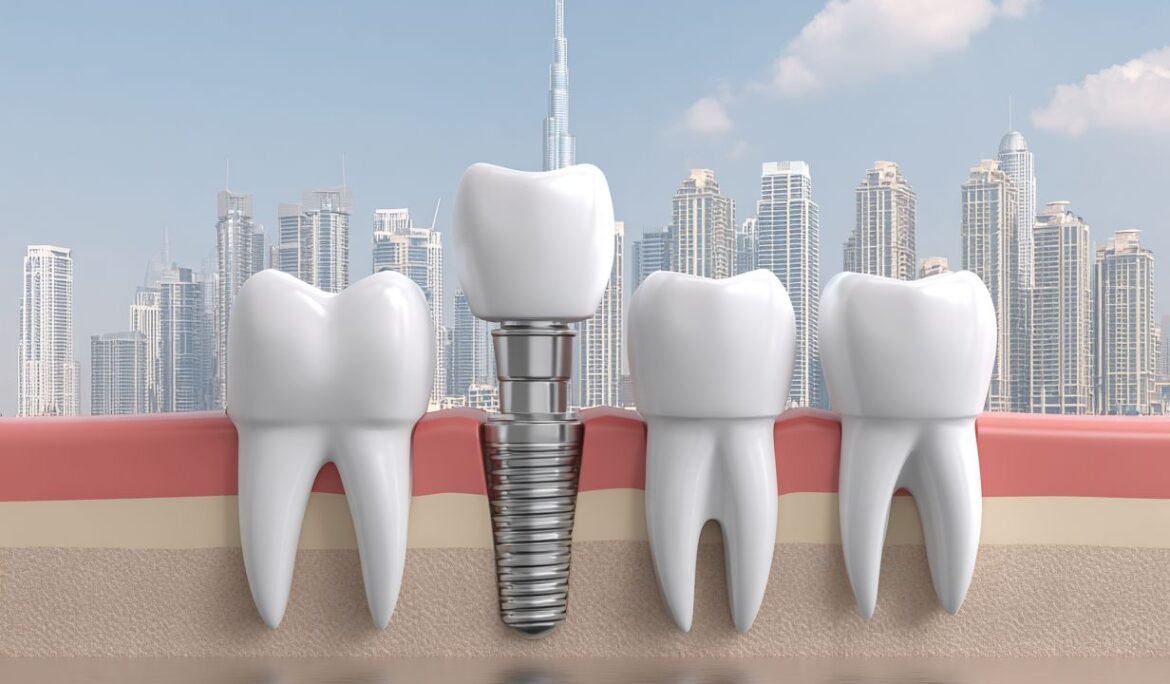 3D illustration of a dental implant replacing a missing tooth with Dubai skyline in the background