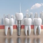 3D illustration of a dental implant replacing a missing tooth with Dubai skyline in the background