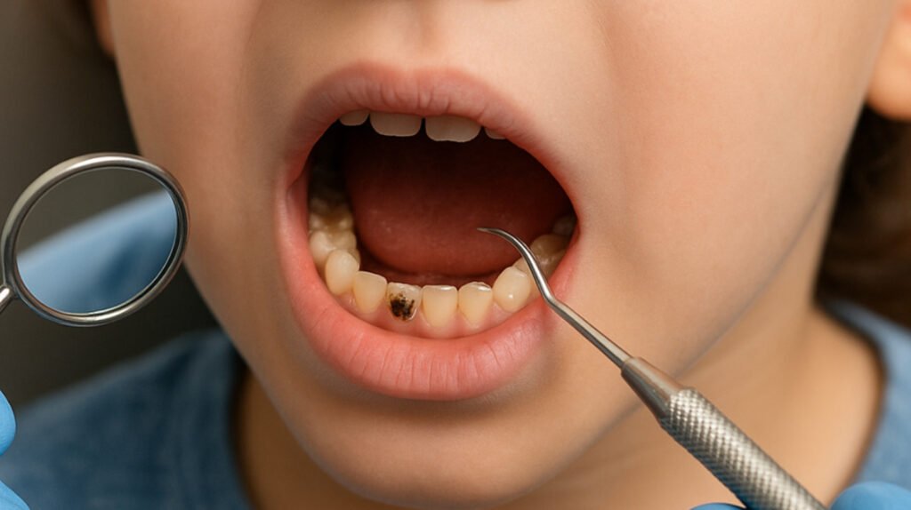 A close-up view of a child’s open mouth during a dental checkup, showing a pediatric dentist examining the teeth with dental tools.