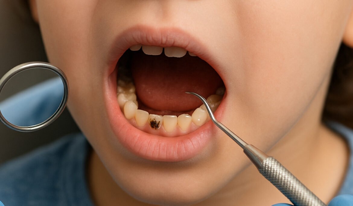 A close-up view of a child’s open mouth during a dental checkup, showing a pediatric dentist examining the teeth with dental tools.