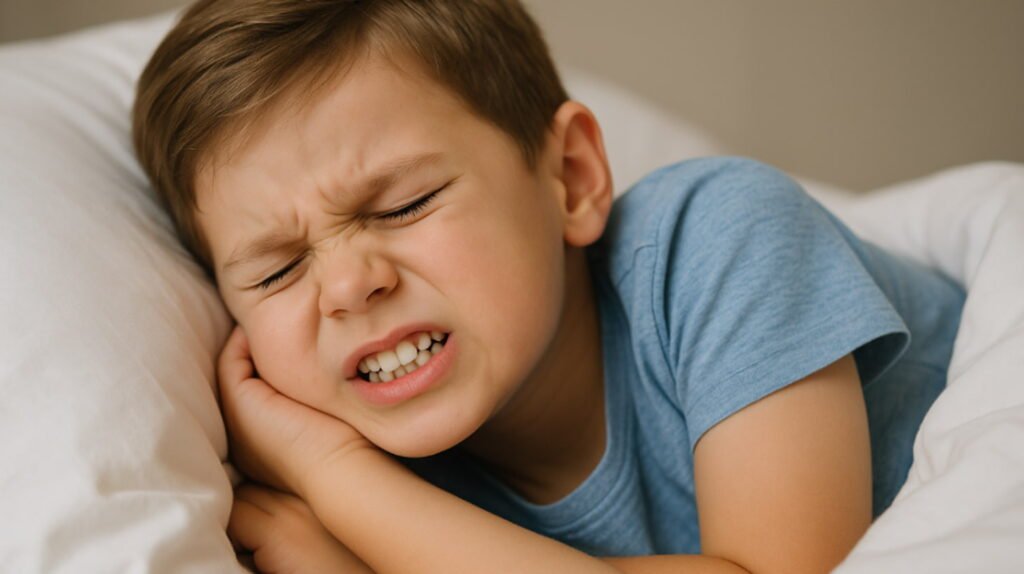 Child grinding teeth while sleeping in bed