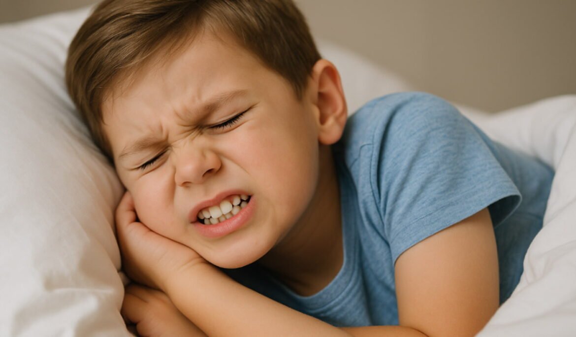 Child grinding teeth while sleeping in bed