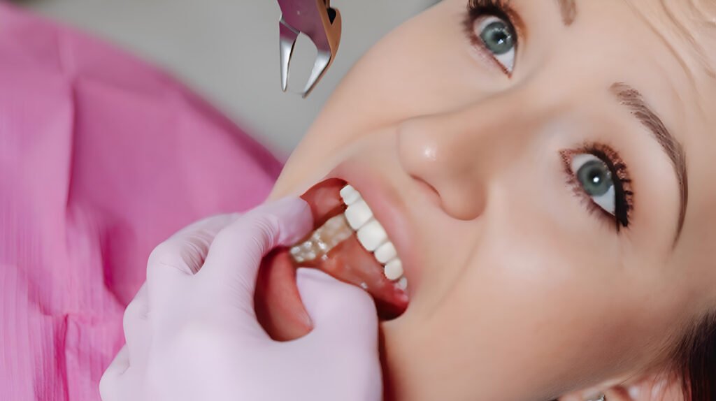 Dentist examining anxious female patient during dental checkup procedure.