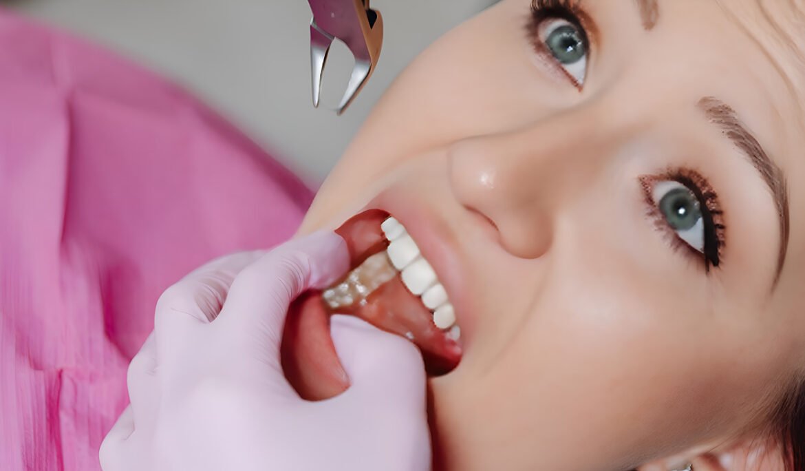 Dentist examining anxious female patient during dental checkup procedure.