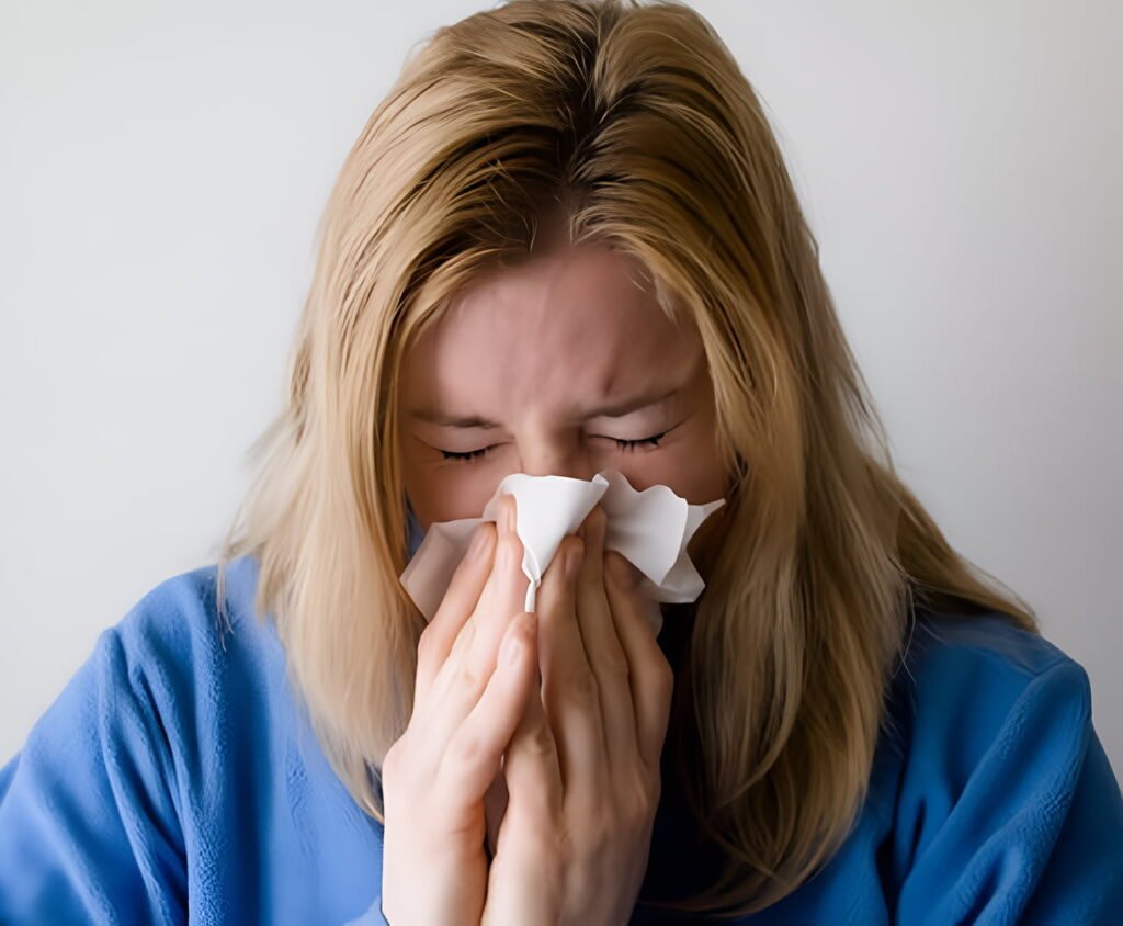 Woman sneezing into tissue suffering from seasonal allergy symptoms